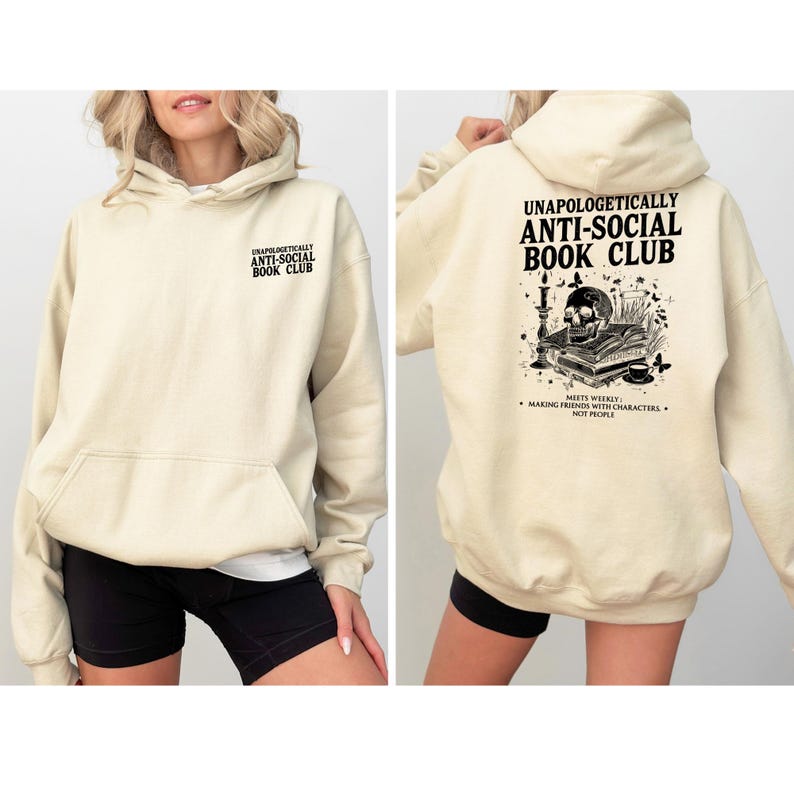 The image is a collage of two photos of a woman wearing a beige hoodie with text and graphics printed on it.