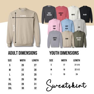 a collection of sweatshirts with different sizes and colors, along with their corresponding widths and lengths. The image is a collage of multiple images, and the text provides information about the sizes and dimensions of the sweatshirts.
