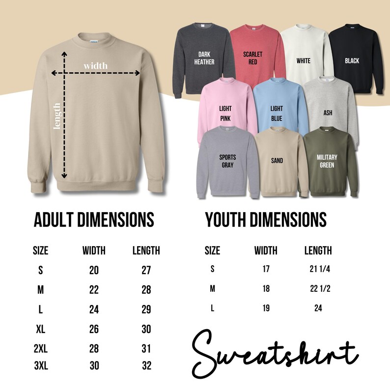 a collection of sweatshirts with different sizes and colors, along with their corresponding widths and lengths. The image is a collage of multiple images, and the text provides information about the sizes and dimensions of the sweatshirts.