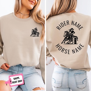 Custom Barrel Racing Sweatshirt Hoodie, Personalized Horse Rider and Horse Name, Barrel Racing Gift for Barrel Racer Barrel Racing Mom