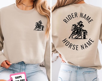 Custom Barrel Racing Sweatshirt Hoodie, Personalized Horse Rider and Horse Name, Barrel Racing Gift for Barrel Racer Barrel Racing Mom