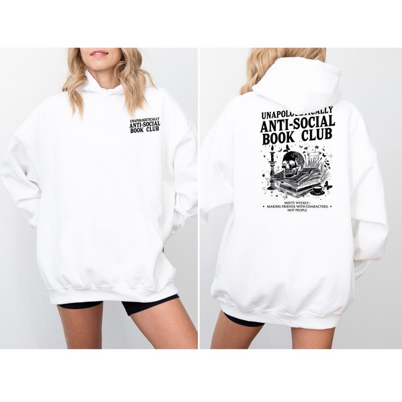 A white hoodie with black text and graphics on the back.