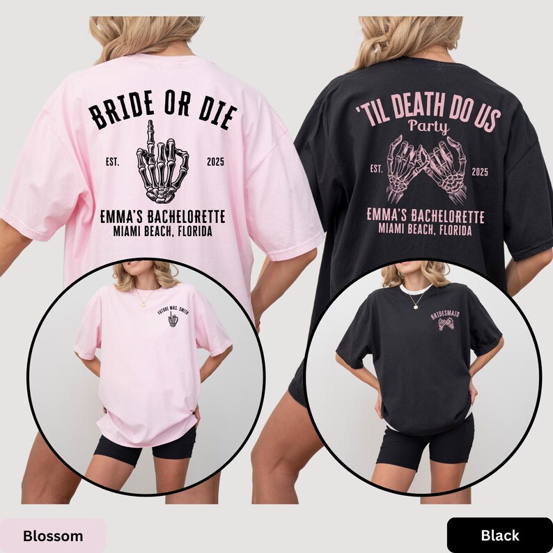 two t-shirts, one pink and one black, with text and graphics on the back.