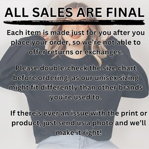 a woman wearing a black sweater, with text above her stating "ALL SALES ARE FINAL".