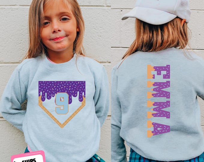 Custom Baseball Ice Cream Drip Sweatshirt Hoodie, Personalized Name Number, Custom Baseball Party for Baseball Mom Dad Youth Baseball Player