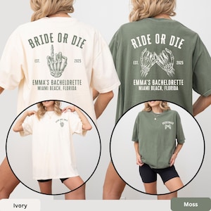 The image is a collage of two photos featuring two women wearing matching t-shirts with the text "BRIDE OR DIE" and "EMMA'S BACCHETTE" printed on them.