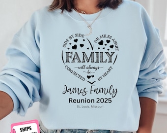 Custom Family Reunion Sweatshirt Crewneck Hoodie Side By Side or Miles Apart: Personalized Family Name Destination Matching