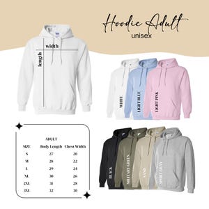The image is a collage of various sizes and colors of hooded adult sweatshirts, along with their corresponding chest widths and body lengths.