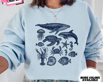 Sea Animals Sweatshirt Hoodie Vintage Sea Creatures Aquatic Animals Marine Life Marine Biology Gift for Ocean Animal Lover Marine Biologist