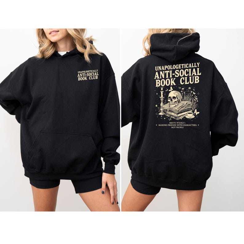 A black hoodie with text and an illustration on the back.