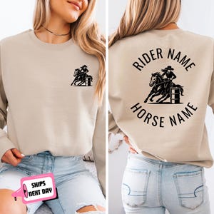 Custom Barrel Racing Sweatshirt Hoodie, Personalized Horse Rider and Horse Name, Barrel Racing Gift for Barrel Racer Barrel Racing Mom