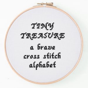 May include: A cross-stitch embroidery hoop with the words "TINY TREASURE" and "a brave cross stitch alphabet" stitched in black thread on white fabric. The wooden hoop is round and has a metal clasp.