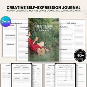 Puede incluir: Un diario digital de autoexpresión creativa, editable en Canva, con más de 40 páginas. La portada muestra a una mujer con un vestido rojo leyendo. Incluye páginas de intención diaria, reflexión y seguimiento de hábitos.