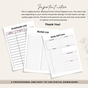 May include: Three printable planner pages: a gratitude list, a bucket list, and a daily self-care sheet. Each page has a white background with pink accents and lines for writing. The text "Important notice" and "Thank You!" are also visible.