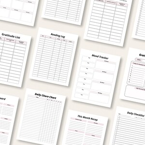 May include: A collection of white paper sheets with various printed layouts for journaling and planning. The sheets include titles like "Gratitude List," "Reading Log," "Mood Tracker," and "Daily Chore Chart." The text is in black, with pink accents.