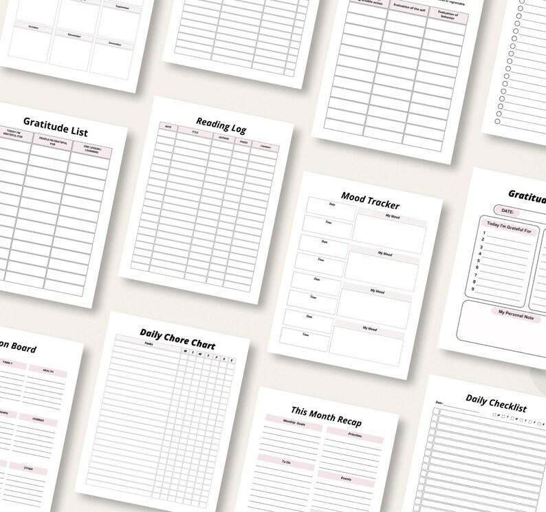 May include: A collection of white paper sheets with various printed layouts for journaling and planning. The sheets include titles like "Gratitude List," "Reading Log," "Mood Tracker," and "Daily Chore Chart." The text is in black, with pink accents.