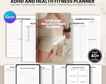 Planejador de condicionamento físico para TDAH e saúde, planejador diário, diário de bem-estar, definição de metas, planejador de produtividade, rastreador de saúde