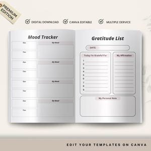 May include: Open journal with "Mood Tracker" and "Gratitude List" pages. The left page has sections for date, time, and mood. The right page includes sections for gratitude, affirmations, and personal notes. The journal is labeled "Premium Edition."