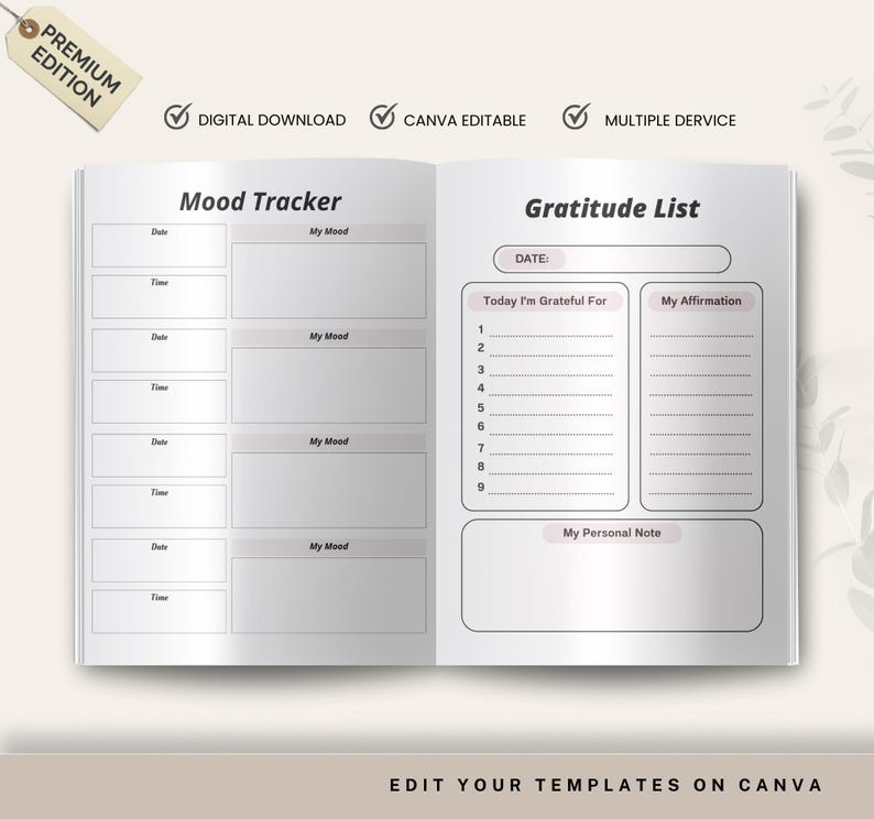 May include: Open journal with "Mood Tracker" and "Gratitude List" pages. The left page has sections for date, time, and mood. The right page includes sections for gratitude, affirmations, and personal notes. The journal is labeled "Premium Edition."