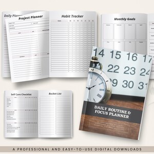 May include: Open planner with sections for daily planning, project planning, habit tracking, and monthly goals. The cover of the planner reads "Daily Routine & Focus Planner" with a clock image. The planner includes a self-care checklist and a bucket list.