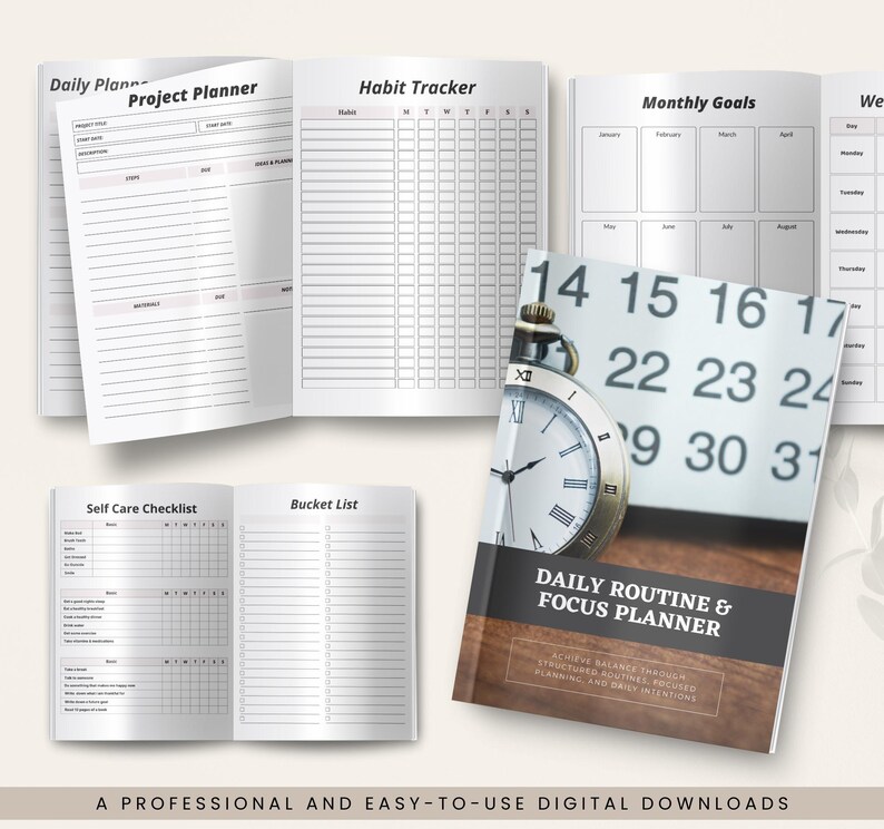 May include: Open planner with sections for daily planning, project planning, habit tracking, and monthly goals. The cover of the planner reads "Daily Routine & Focus Planner" with a clock image. The planner includes a self-care checklist and a bucket list.