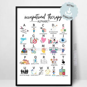May include: A white educational poster titled Occupational Therapy Alphabet featuring letters A through Z. Each letter is paired with a colorful illustration and a corresponding term such as adaptive equipment, balance, coordination, and zones of regulation.