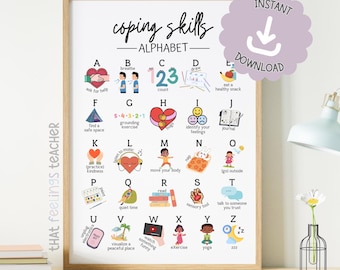 Coping Skills Alphabet Poster Print, Coping Strategies A-Z, ABC Coping Skills, Therapy Office Decor, Social Worker, School Counselor