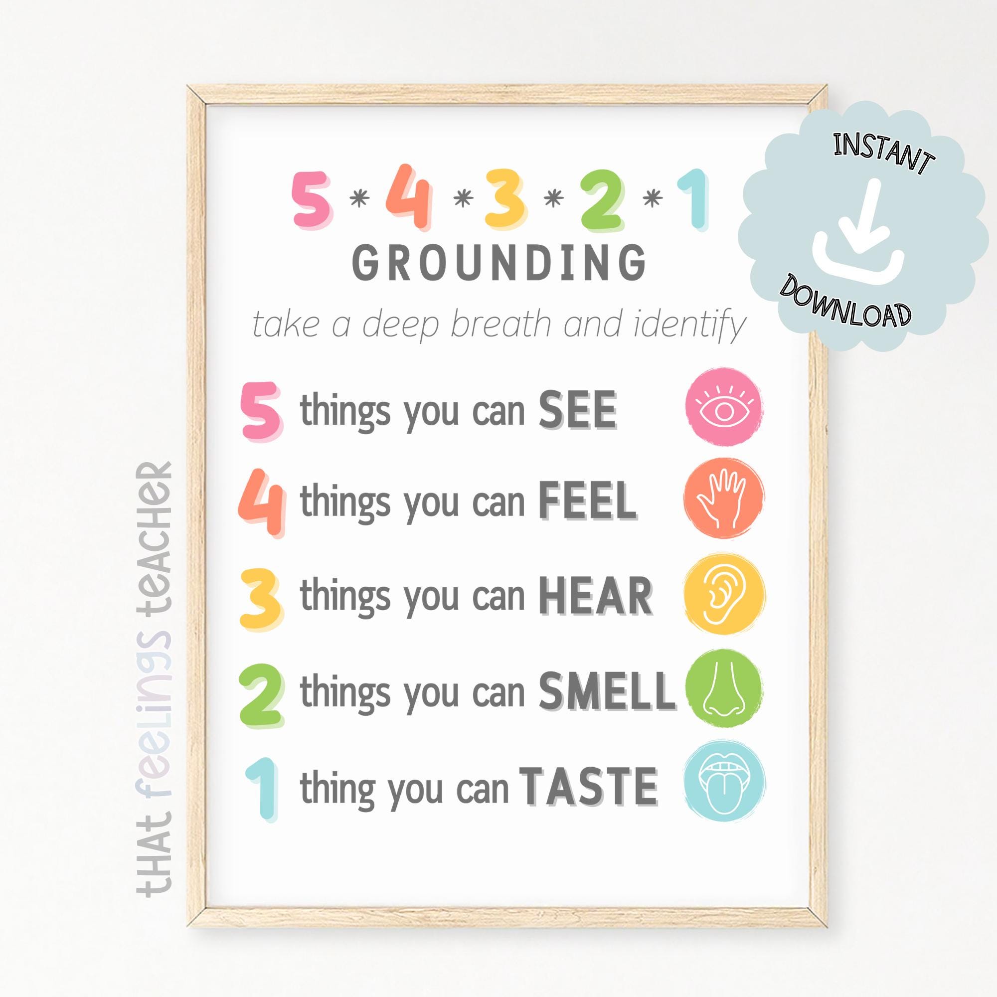 54321 Grounding Strategy, Exercise, Mindfulness, Calm, Grounding Technique, Therapy Office, Classroom, Coping Skills, Wall Art, Office Decor