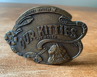 Our Kitties Cat House Reno Brothel Vintage Solid Brass Belt Buckle in excellent condition RARE