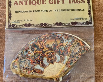 Vintage, ornate "Antique" gift tags, fan shaped, reproduced from turn of the century originals, never used & unopened