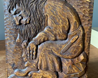 Vintage midcentury carved wood panel "Thor Lokken" Man in repose. Midcentury.