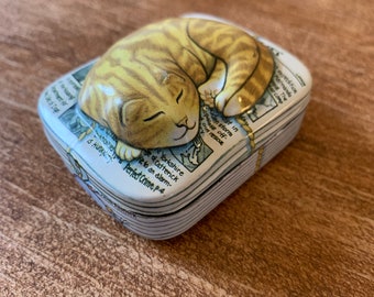 Collectable vintage metal box with a sleeping cat on a pile of newspapers