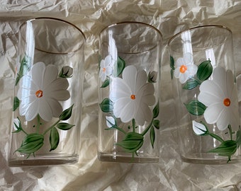 Set of 6 Hand-painted White Dogwood Floral Glasses: Federal Glass Vintage/Midcentury Modern never used in perfect condition