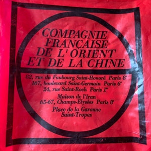 Fun French souvenir! Vintage French plastic shopping bag with carrying handle and snaps from Compagnie Francaise de l&#39;Orient et de la Chine