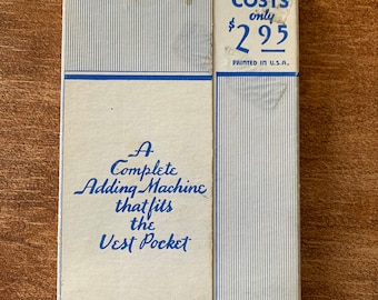 Vintage 1940s Ve-Po-Ad Pocket Adding Machine Calculator with Instructions in Box: "The Little Wizard on Figures" midcentury office supply