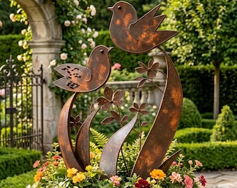 Rustikale Metallvogel Gartenskulptur, Yard Art Stake Ornament, Metalldekor für Pflanzgefäße, Housewarminggeschenk im Freien