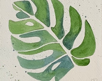 Original monstera leaf watercolor -- ready to hang!