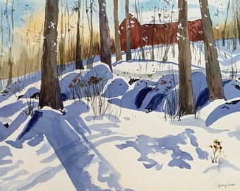 Original Art Framed - winter watercolor - Quiet on the Farm