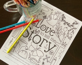 May include: A black and white printable colouring page with the words "Love Story" and various religious symbols. The page is designed to help people connect their faith to each symbol.