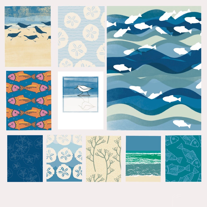 Set of 10 note cards. each card is a different design; fish, sand dollars, seagulls, plants, and the beach.