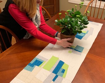 Table Runner - White, blue, green, neutral, fresh! SPRING ready! Modern quilting