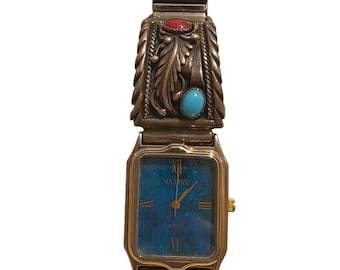 Vtg Navajo STC Sterling Silver Turquoise Coral Watch Tips Southwestern