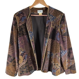 Chaqueta Koret vintage de los años 80, estilo patchwork, de terciopelo, con frente abierto, estilo bohemio, talla XL (42).