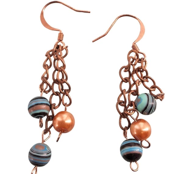 Artisan Copper Dangle Earrings | Multi-Color Bead… - image 1