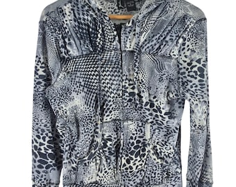 Yashi Womens Mixed Animal Print Zip Up Hoodie Grey Leopard Rhinestone Small