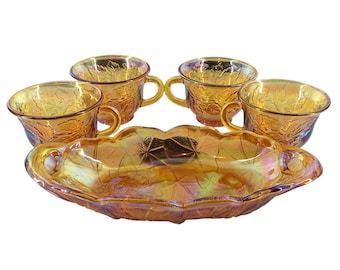 Juego de cuenco ovalado y 4 tazas de vidrio Indiana Glass Marigold Carnival Glass Harvest Grape vintage
