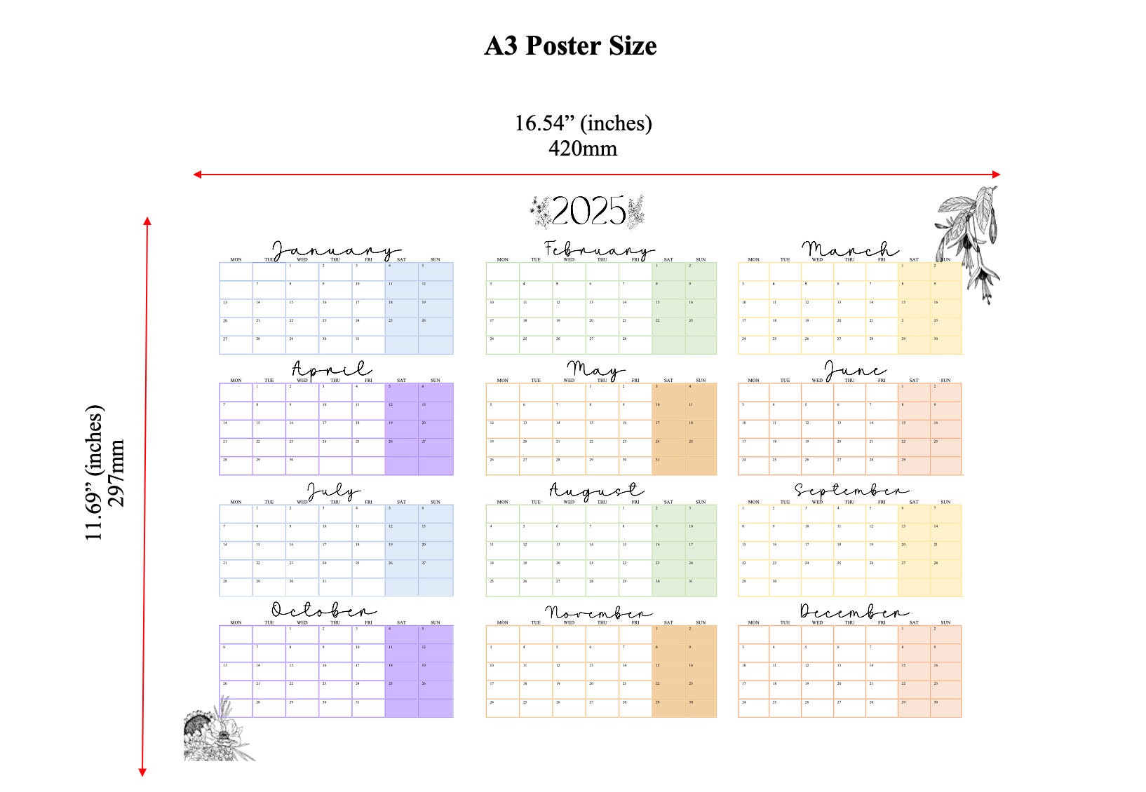 2025 Printable A3 Wall Year Calendar/planner - Etsy