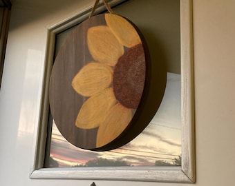 Custom hand painted sunflower wooden round welcome sign door hanger rustic farmhouse home decor  hanging wood-stained door sign summer fall