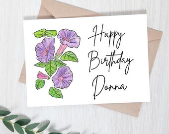 Custom September birth month flower morning glory card personalized Sept birth flower morning glories happy birthday card hand drawn flower