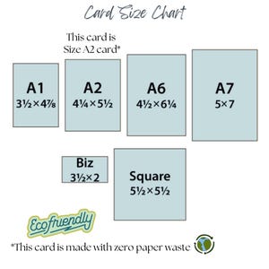 May include: A Card Size Chart displaying various rectangular and square card dimensions in inches, including A1, A2, A6, A7, Biz, and Square sizes. The text reads Card Size Chart, This card is Size A2 card, and This card is made with zero paper waste.